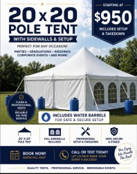 20x20 Pole Tent Rental with Sidewalls & Water Barrel Setup