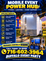 Mobile Event Power & Lighting  Keep your celebration powered and illuminated with Buffalo Event Party’s Mobile Event Power Hub! Our mobile system provides convenient power and lighting options for outdoor parties, corporate gatherings, festivals, weddings